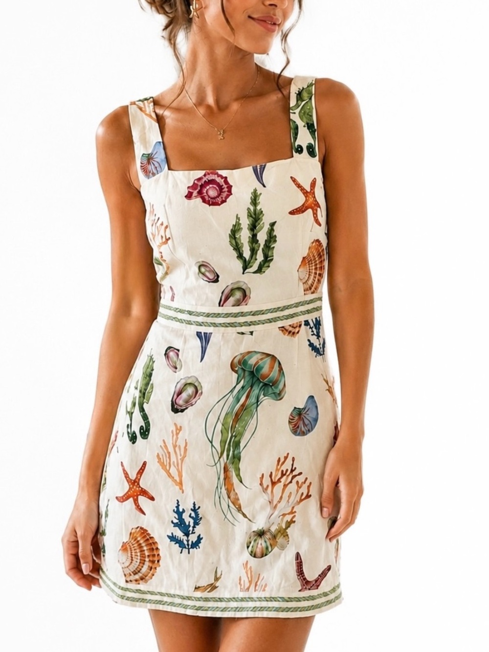 Caroline Constas Sea Life Print Linen Blend Dress
